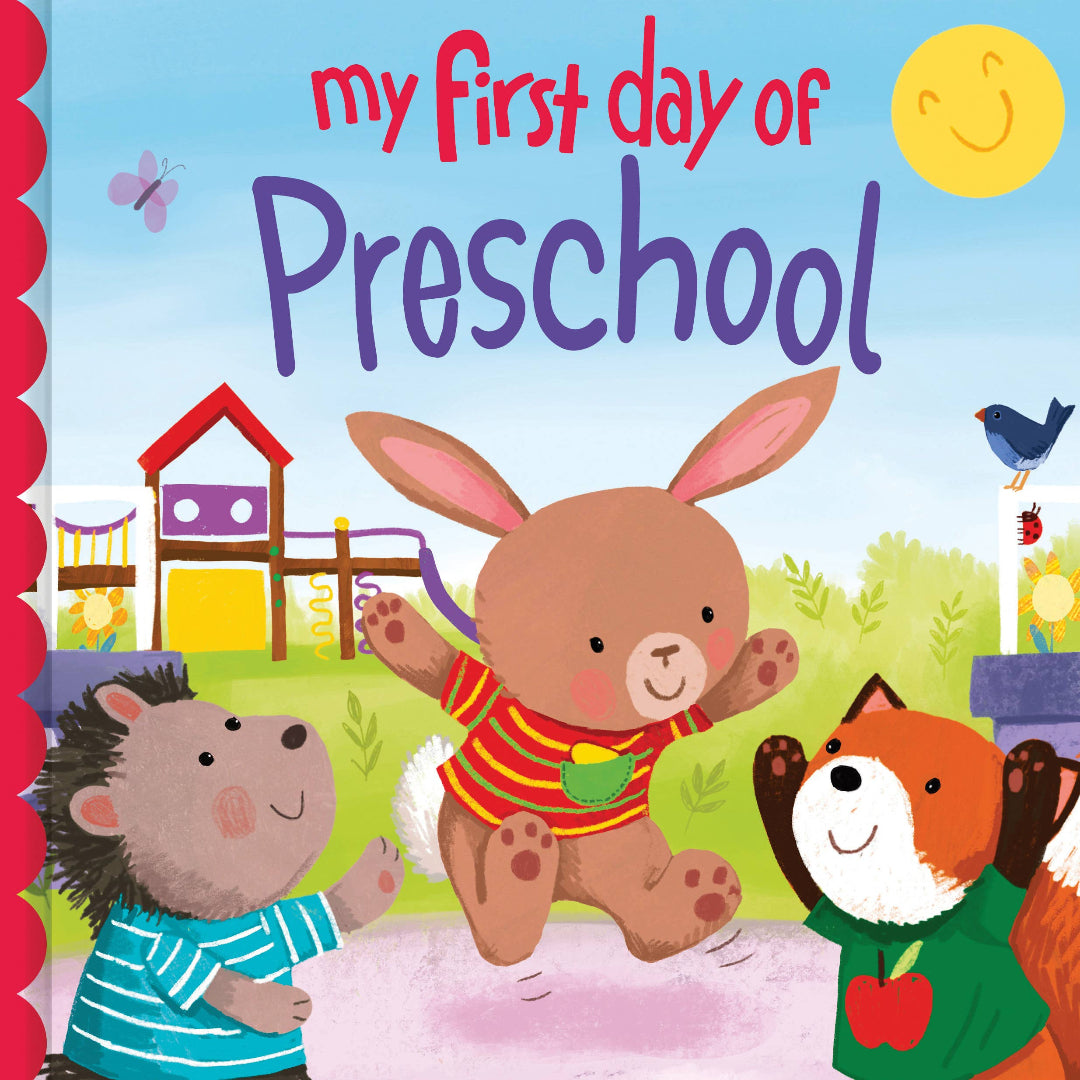 a book with an animated bunny, fox, and hedgehog on the cover playing on a playground