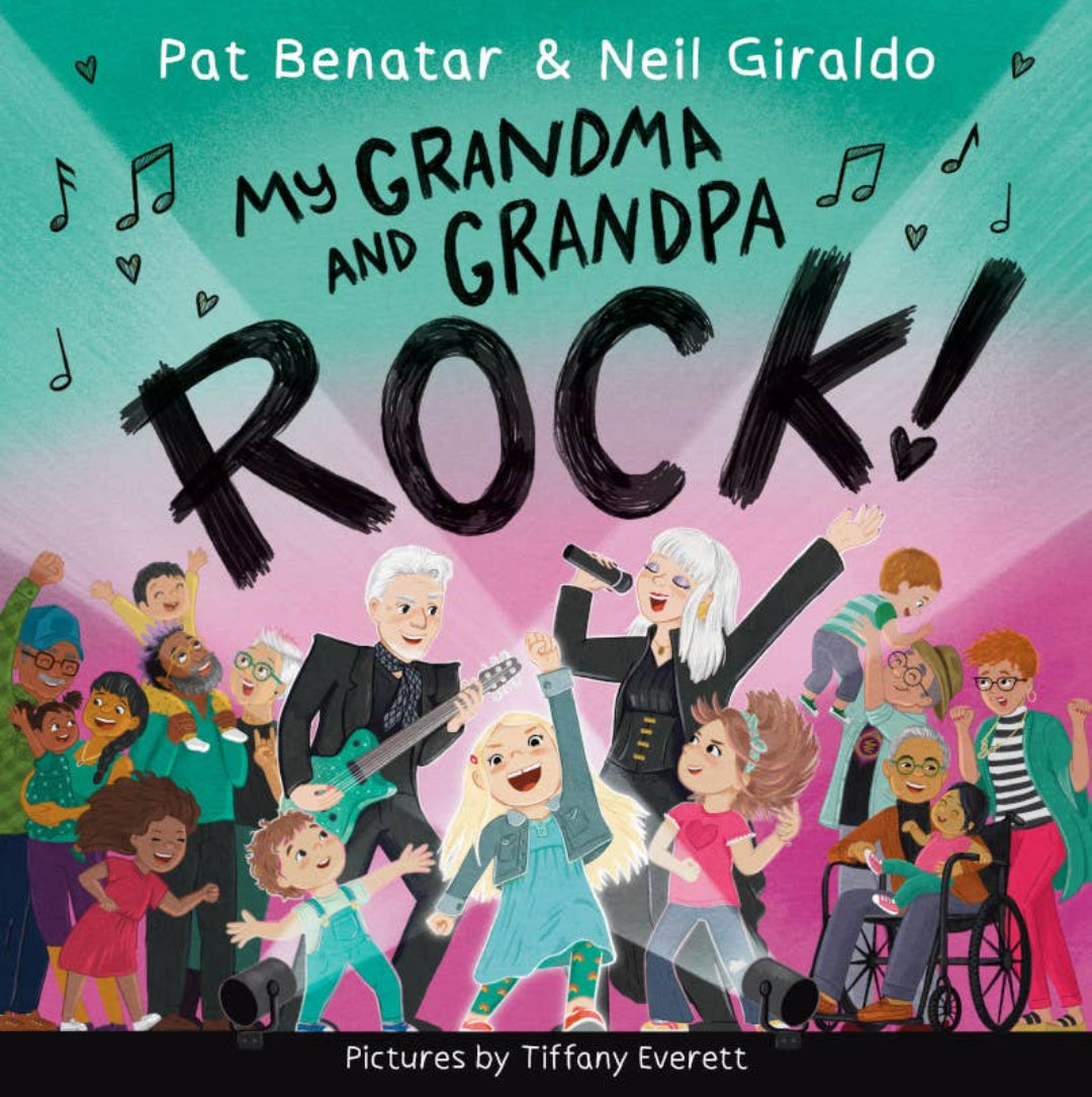 A book cover with a grandma and grandpa singing and playing guitar in front of a crowd and kids are dancing and families are gathered around enjoying the music