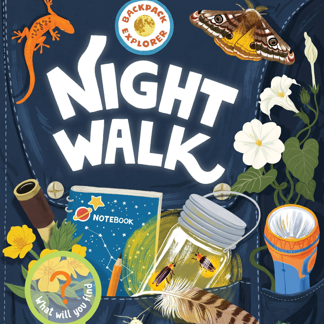 a book called night walk and on the cover are things you might see at night like moths, lightning bugs, the moon, a lizard