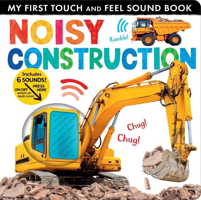 Book cover of 'Noisy Construction' with a yellow excavator and dump truck on a white background.
