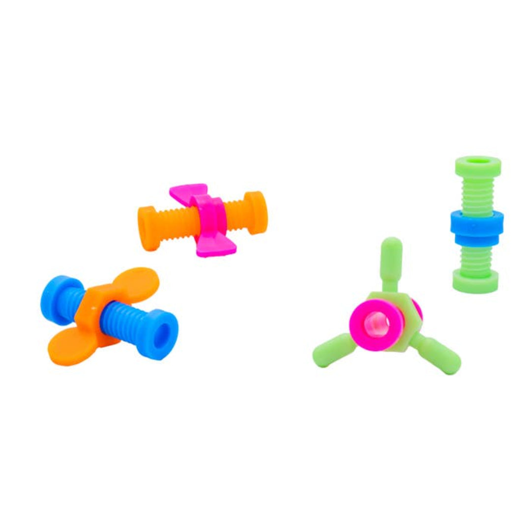 nuts and bolts shaped fidget toys in multiple colors