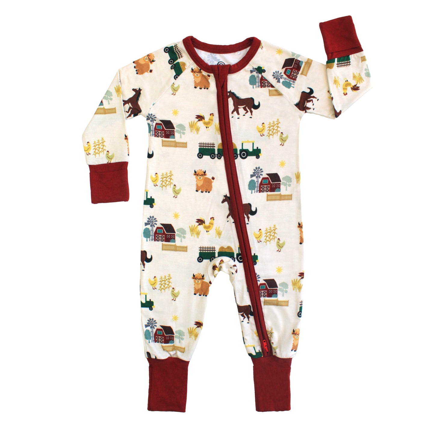 On the Farm bamboo convertible baby pajamas with horses, highland cow, tractor, and barnyard print.