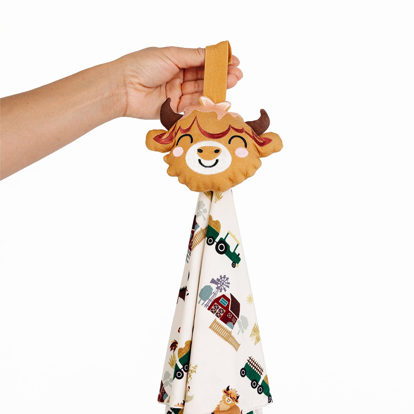 On the Farm bamboo security blanket lovey with highland cow plush, lightweight, breathable, and hypoallergenic.