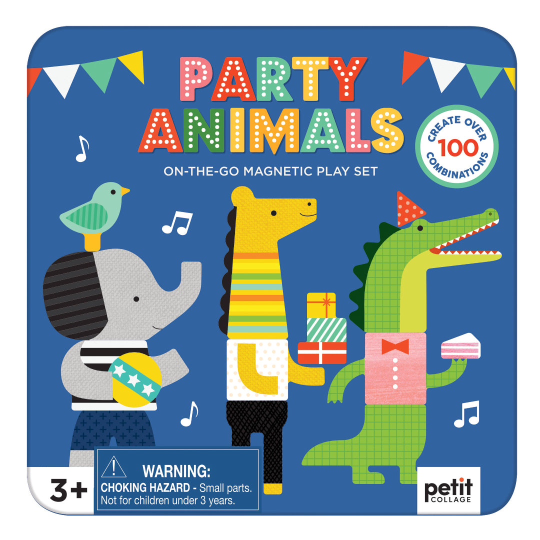 Party Animals on-the-go magnetic play set packaging with colorful animals and text.