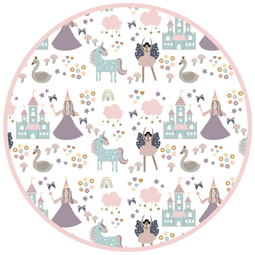 the "once upon a time" print is a mix of pinks, purples, whites, blues, and yellows. you can see fairy princess and regular princess, unicorns, swans, and castles. theres also hearts, stars and sparkles scattered around the print.