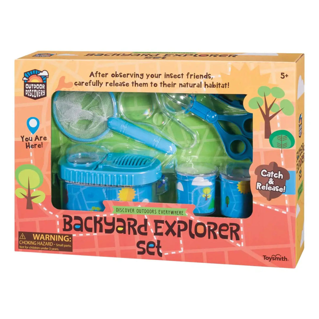 backyard explorer set including bug holders, tweezers, bug net, critter catcher, magnifier, and bug habitat