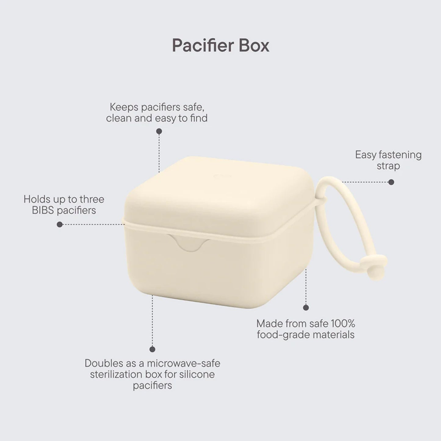 Beige pacifier box with features listed on a light gray background