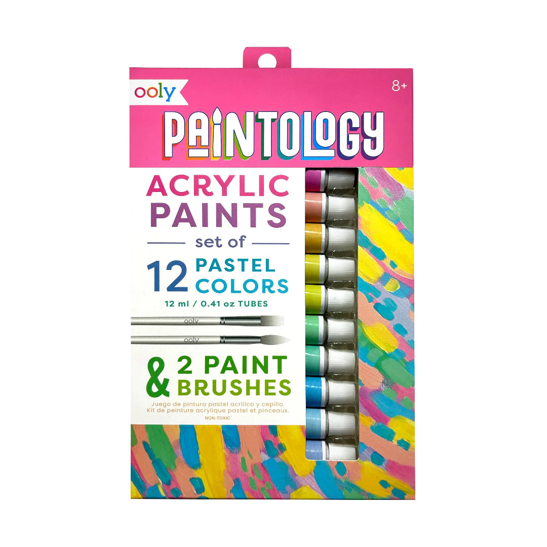 12 colors of paintology acrylic paints with 2 paint brushes