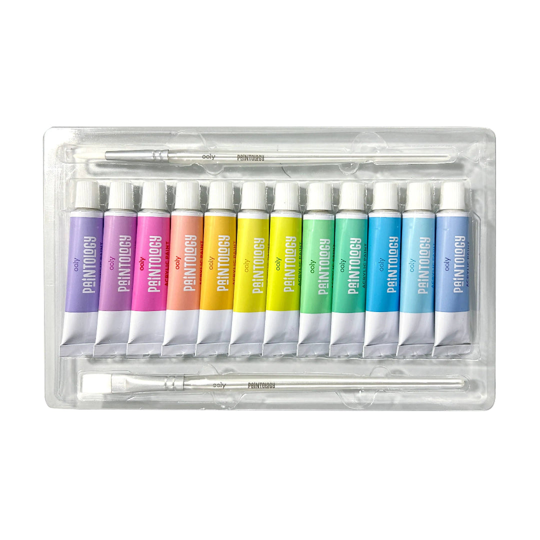 12 colors of paintology acrylic paints with 2 paint brushes