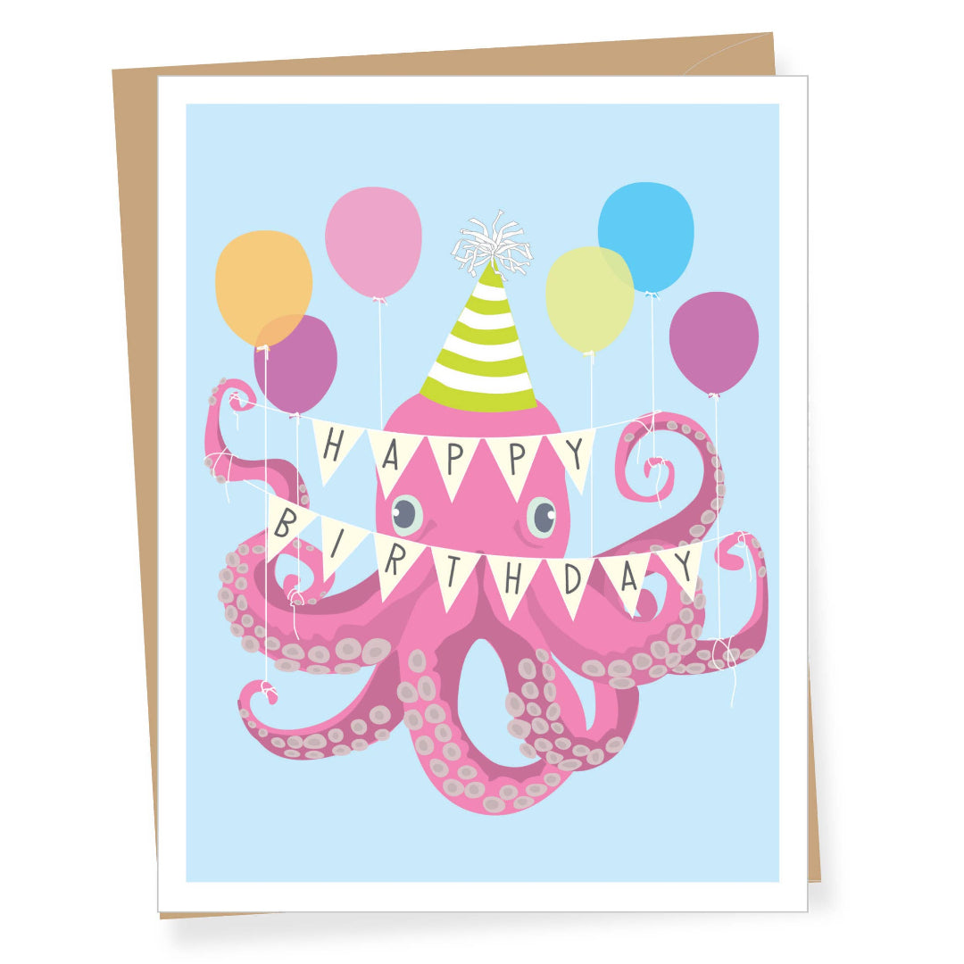 a birthday card with a pink octopus on the front holding a happy birthday banner and balloons