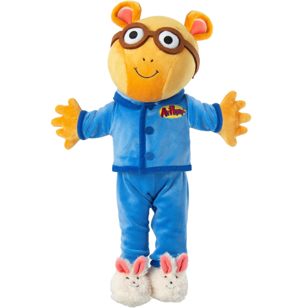 A plush toy of Arthur, the animated aardvark, wearing blue pajamas with bunny slippers and large glasses, smiling with outstretched arms.