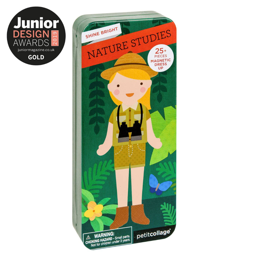 Nature studies toy set packaging with a child in a hat and binoculars, surrounded by plants and a butterfly, on a white background.