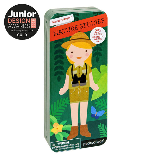 Nature studies toy set packaging with a child in a hat and binoculars, surrounded by plants and a butterfly, on a white background.