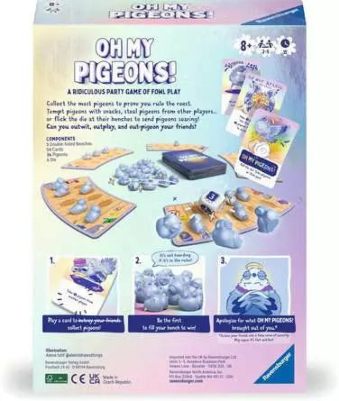 Board game packaging for 'Oh My Pigeons!' with game pieces and instructions.
