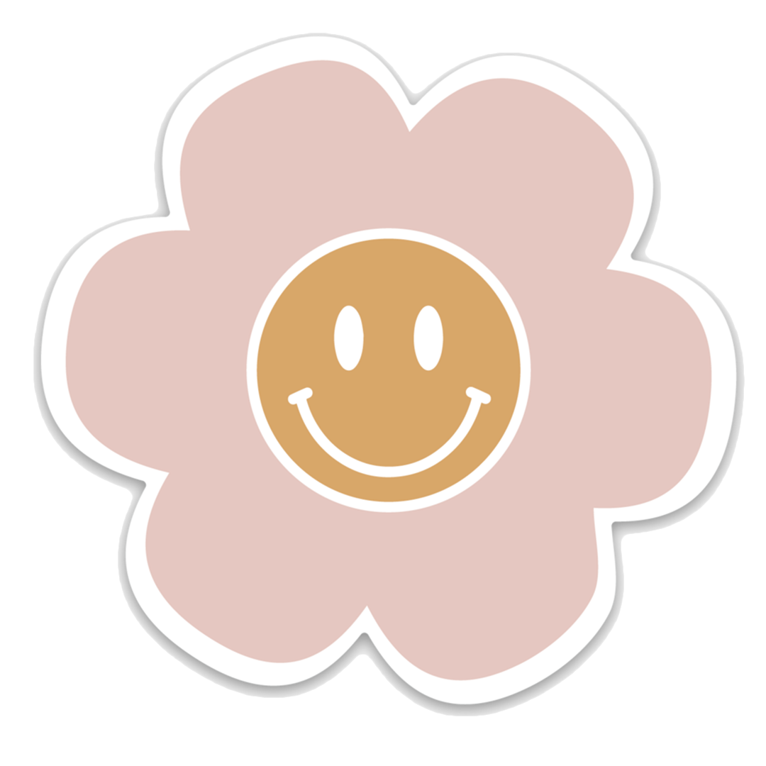 pink flower with a yellow smiley face in the middle.
