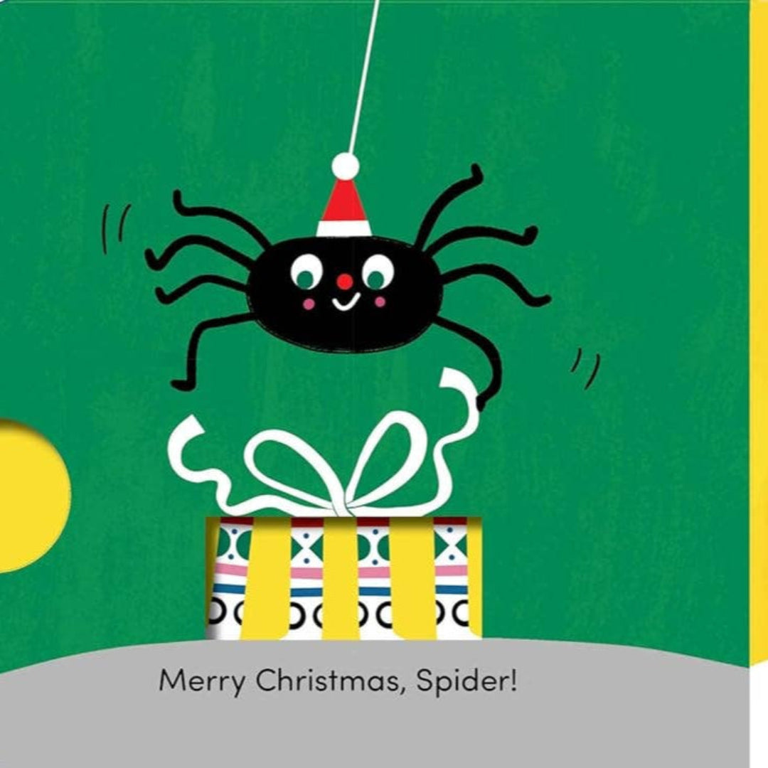 Illustration of a spider and mouse with Christmas presents on a green and yellow background.