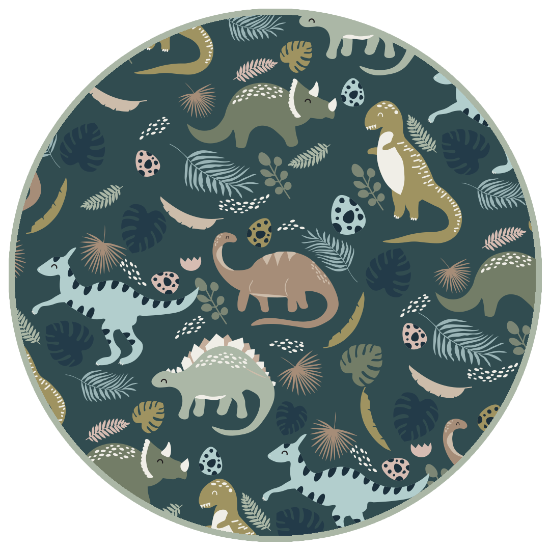 the "prehistoric friends" print is a mix of cute dinosaurs, eggs, and branches, all scattered on a dark green background.