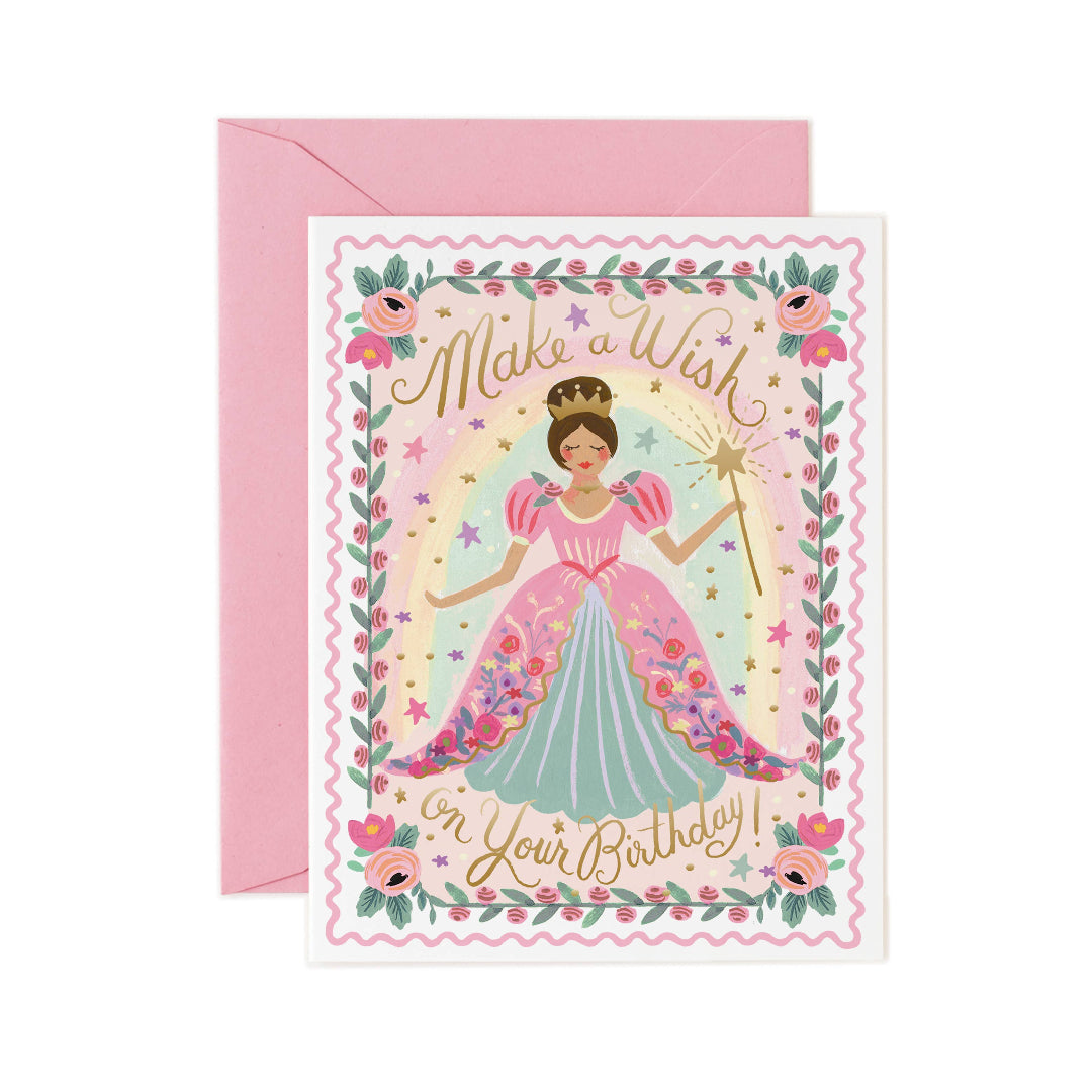 pink princess birthday card that says make a wish on your birthday