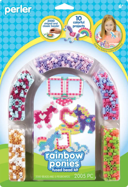 Perler bead kit packaging with rainbow ponies design and colorful beads.
