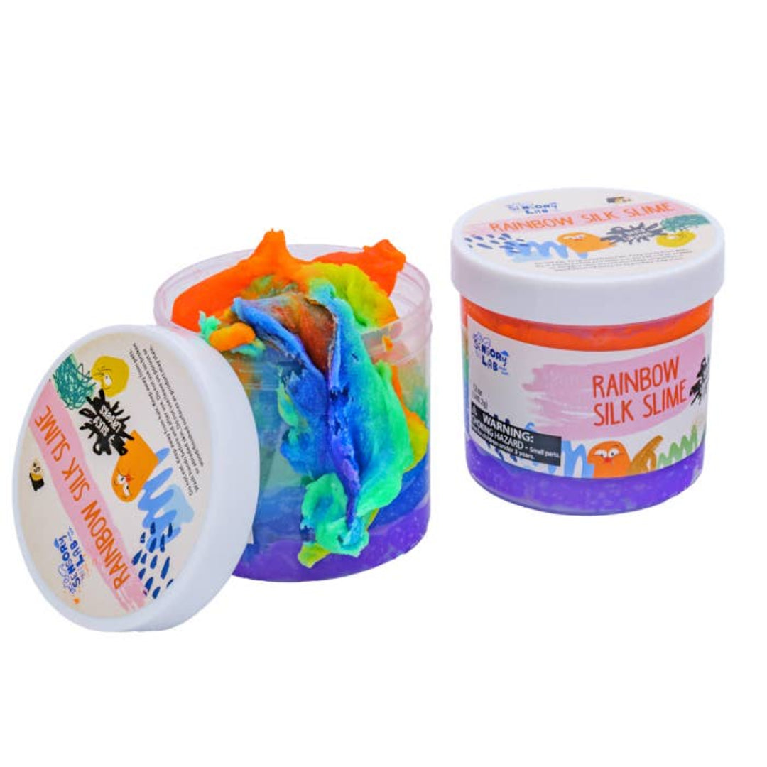 rainbow colored slime in a plastic jar