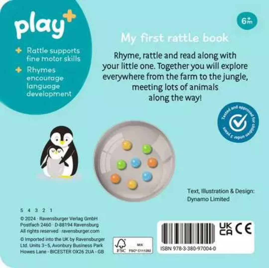Back cover of a children's book with a penguin illustration and text about fine motor skills and language development.