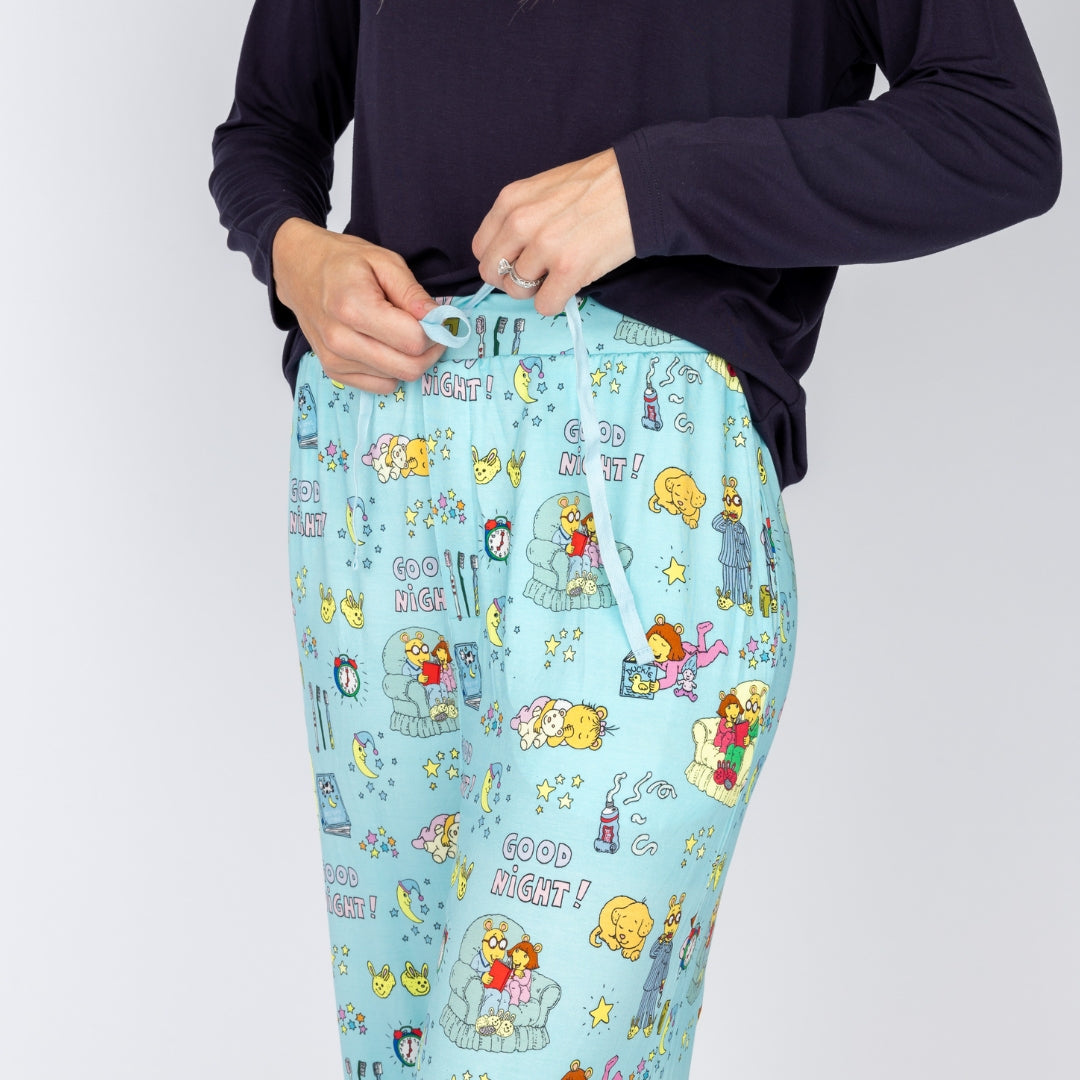 Close up of our Emerson and Friends Good Night Arthur™ relaxed adult pajamas, featuring a nostalgic bedtime-themed print with Arthur and friends, ultra-soft bamboo fabric.