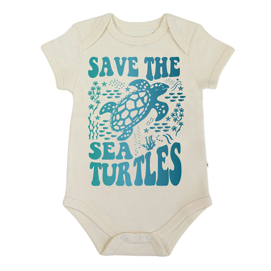 Our Save the Sea Turtle Cotton onesie flat lay in a white background.
