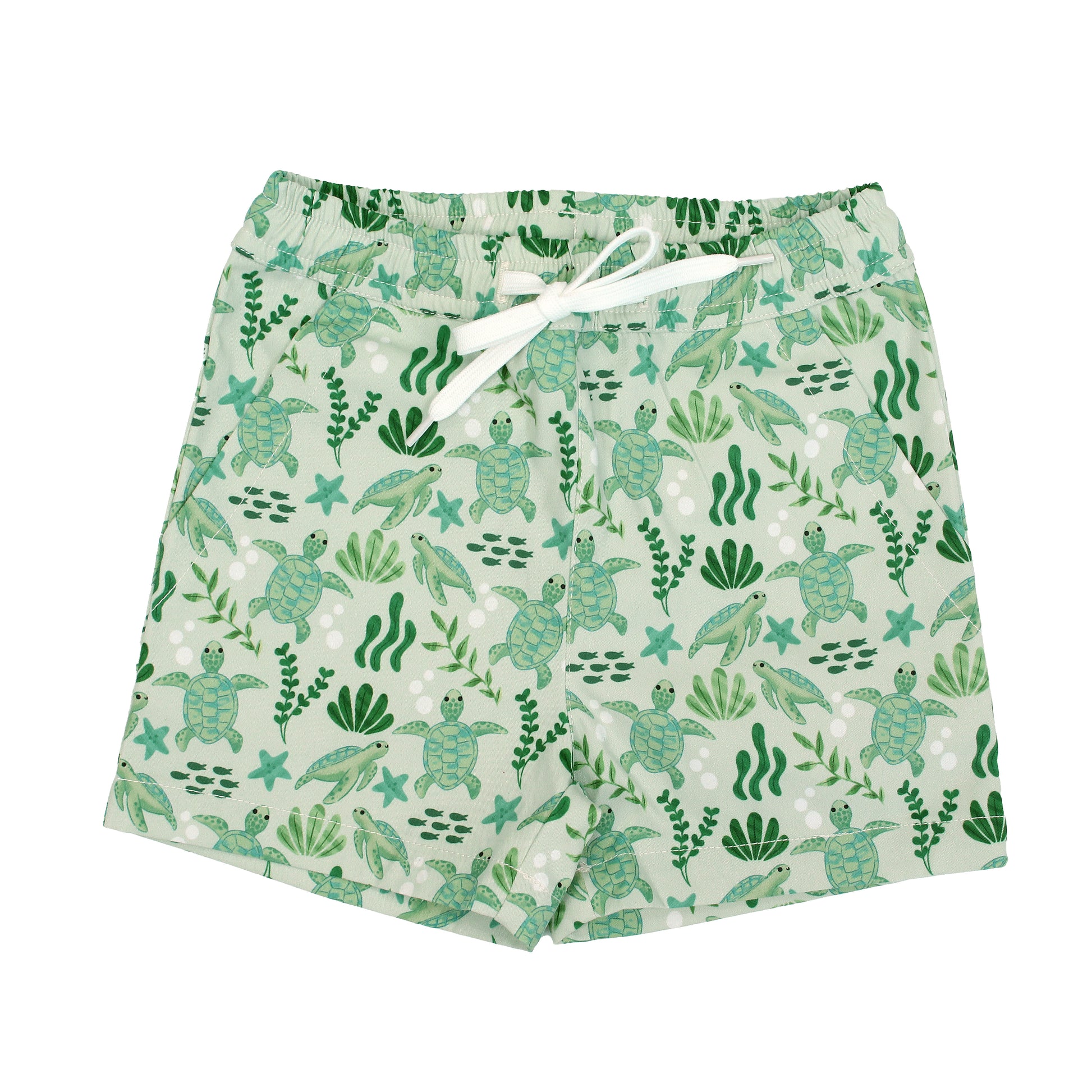 Save the Sea Turtles Boys Swim Trunks by Emerson and Friends, featuring a sea-green turtle and ocean-inspired print. Made from quick-dry, lightweight fabric with an adjustable drawstring waist for a comfy fit. Perfect for beach days and poolside fun!