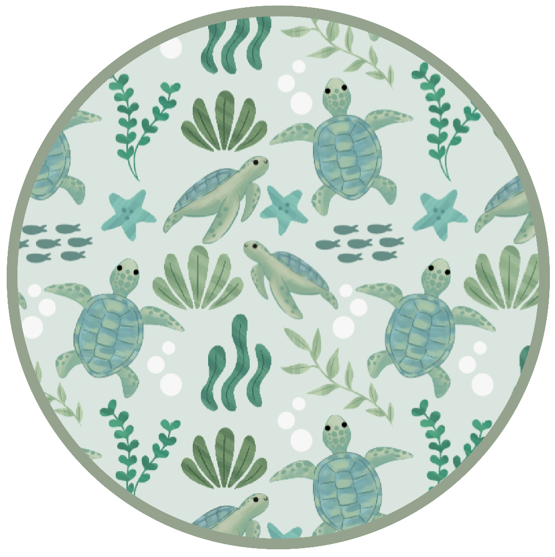 Save the Sea Turtles print by Emerson and Friends, featuring a soft sea-green design with hand-drawn turtles, starfish, seaweed, and bubbles. A whimsical ocean-inspired pattern perfect for sustainable and eco-friendly apparel.
