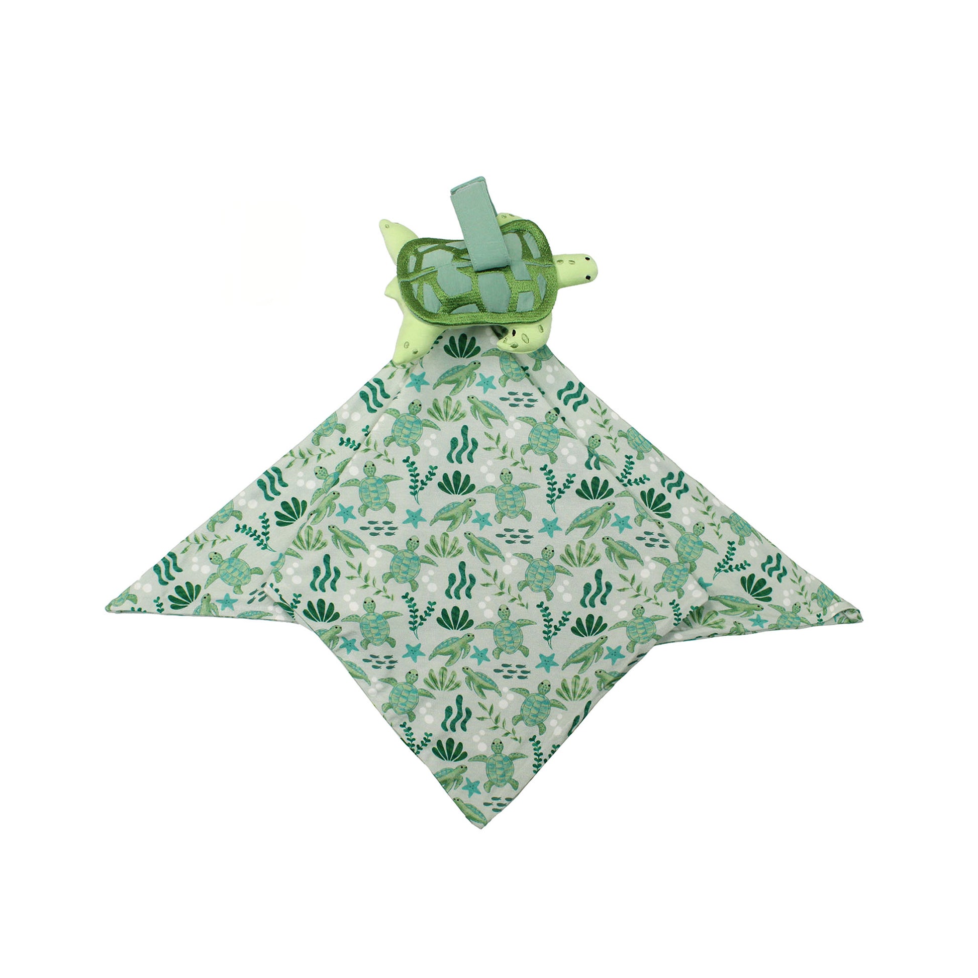 Save the Sea Turtles baby lovey by Emerson and Friends. This ultra-soft bamboo lovey features a plush sea turtle attached to a soothing blanket adorned with an ocean-inspired turtle print, perfect for cuddles and comfort.