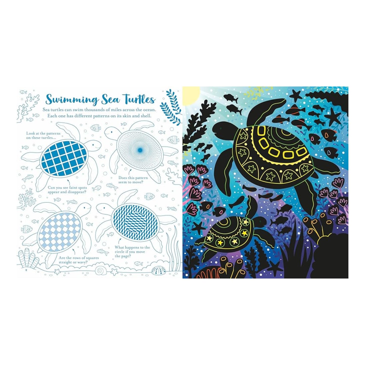 Illustration of sea turtles with coloring guide on a white background