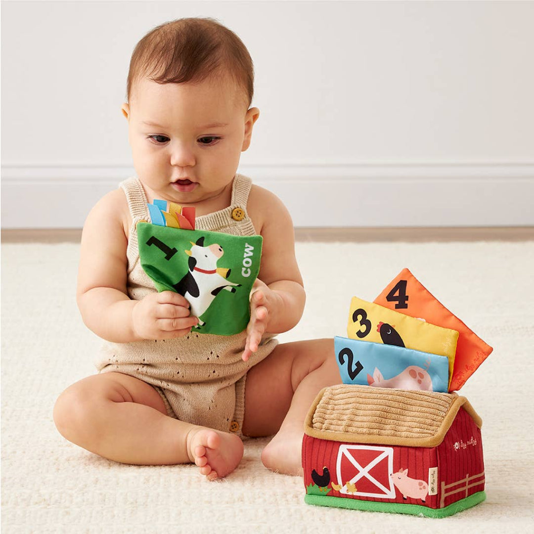 baby toy shaped like a barn with removable squares that have animals and numbers on them
