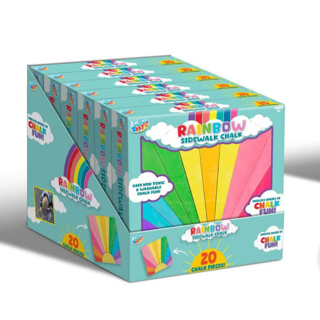 Two boxes of Rainbow Sidewalk Chalk with colorful packaging on a white background