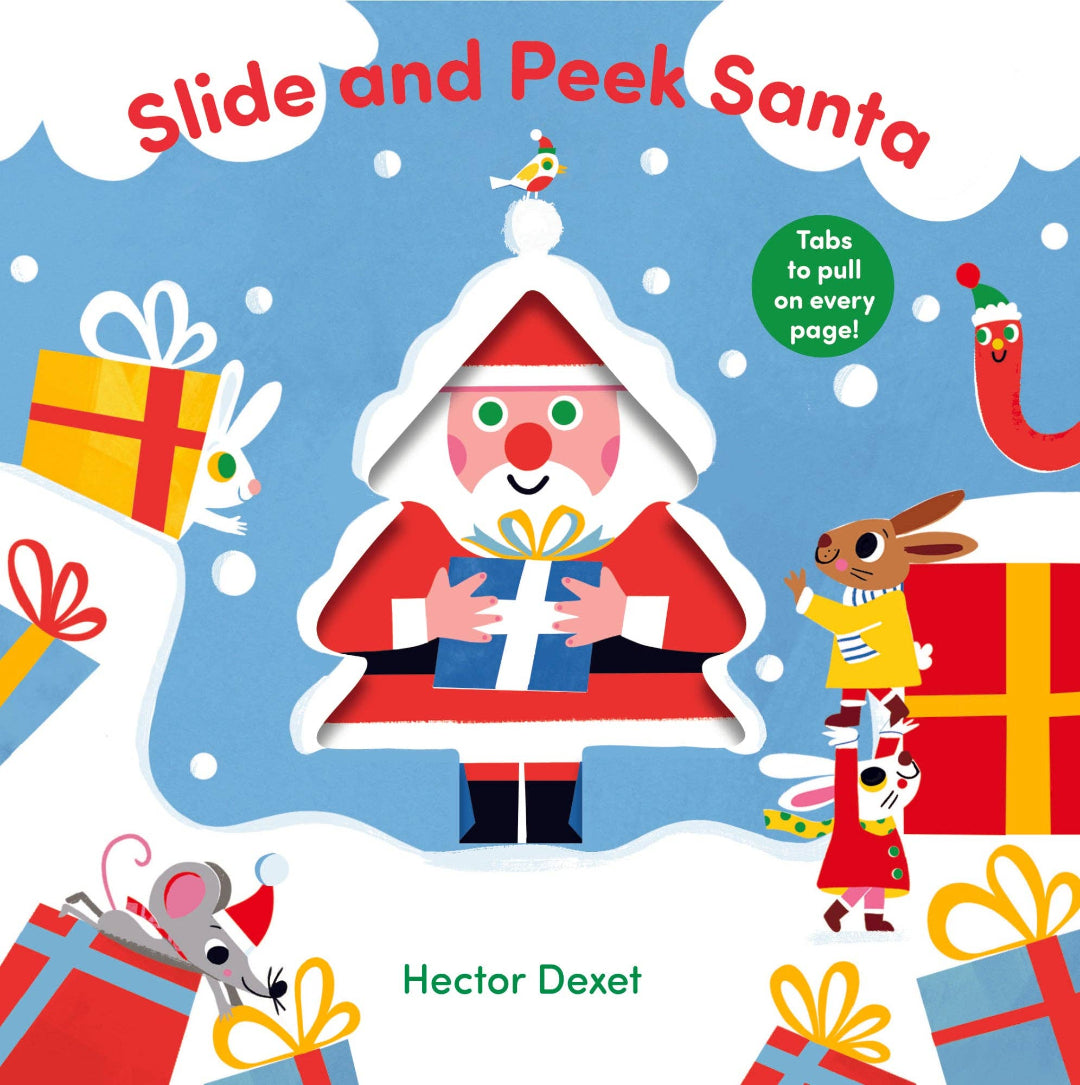 Book cover of 'Slide and Peek Santa' with Santa Claus and presents on a snowy background.