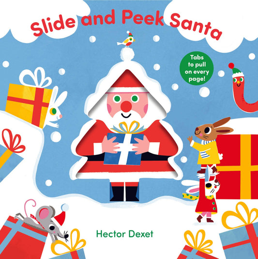 Book cover of 'Slide and Peek Santa' with Santa Claus and presents on a snowy background.