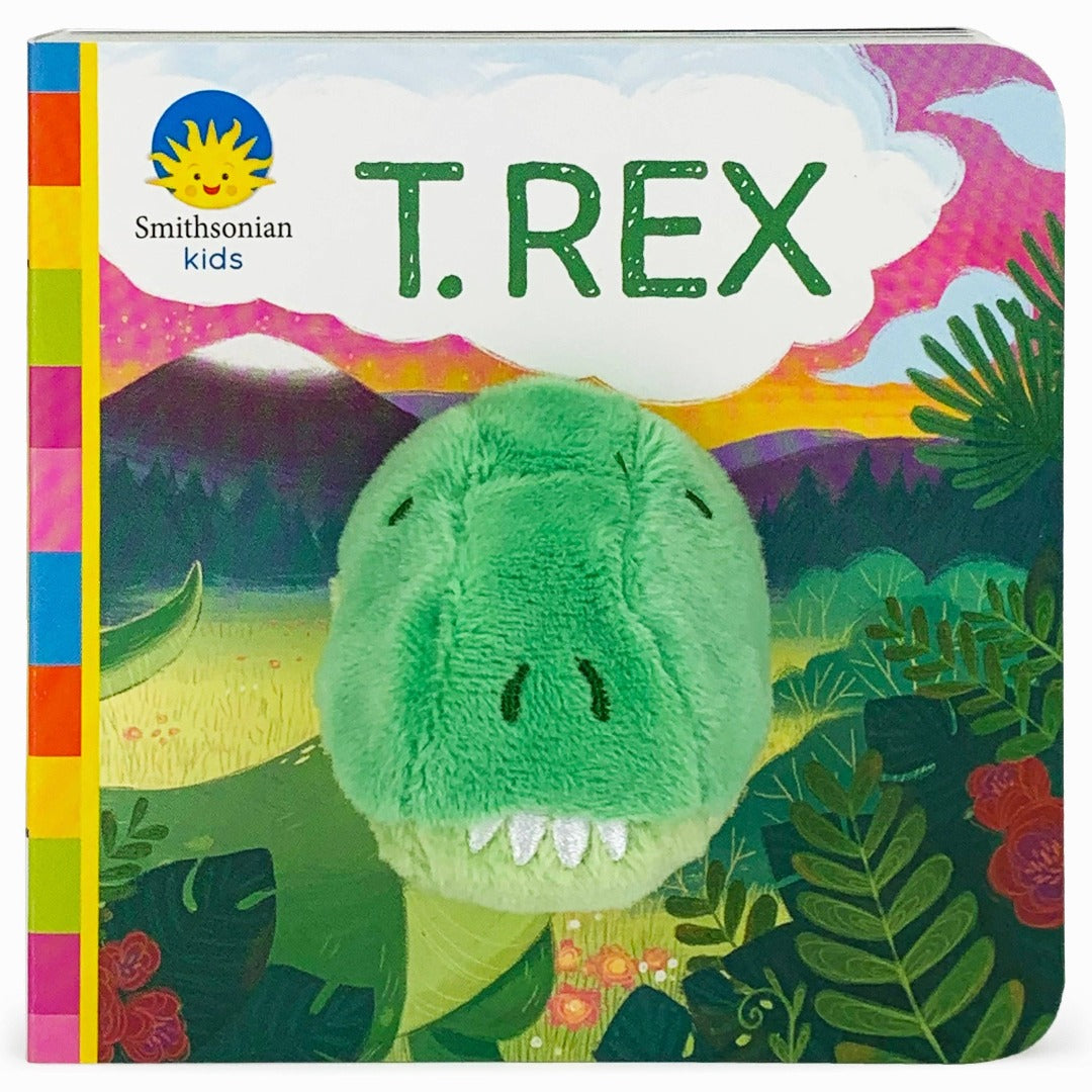 Green T. Rex finger puppet on a multi-colored board book with a prehistoric scene