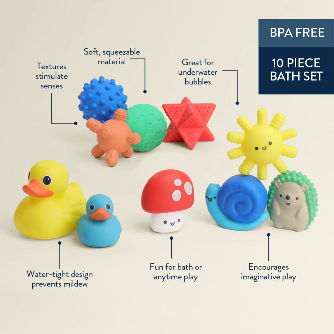 gift set of 10 itzy bath toys including ducks, animals, and shapes