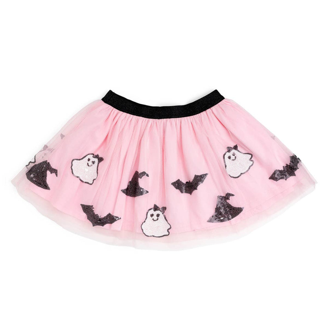 pink tutu with black waistband and ghosts, witch hats, and bats around the bottom