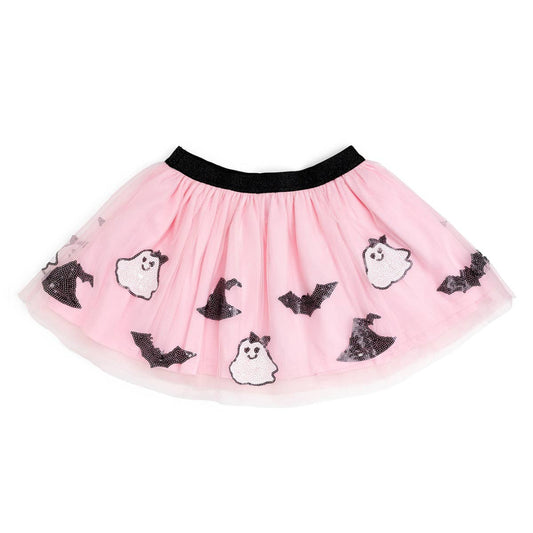 pink tutu with black waistband and ghosts, witch hats, and bats around the bottom