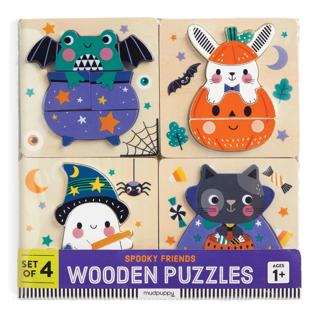 4 pack of halloween themed wooden puzzles