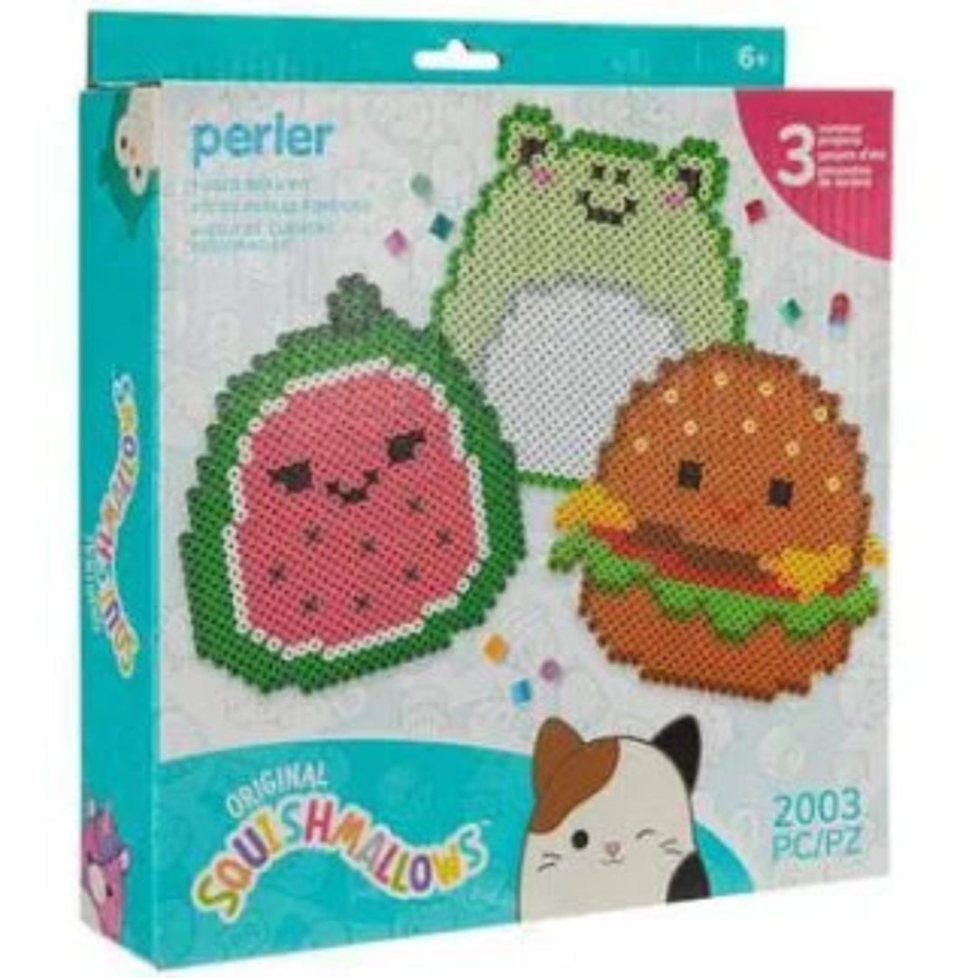 Perler Squishmallows fused beading kit box featuring watermelon, frog, and burger bead designs on a blue and white background.