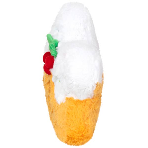 Plush toy resembling a corn dog with a white bun, red cherry, and green leaves on a white background