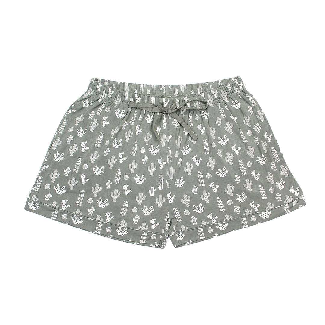 the "stay sharp" women's shorts. the "stay sharp" print is a variety of different white cacti on a greyish/green background.