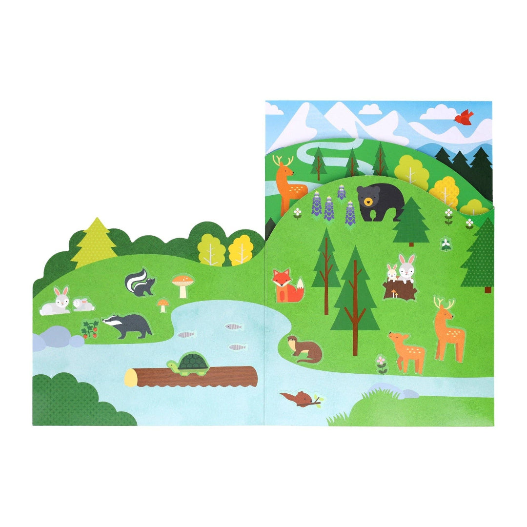 Children's book with a forest scene featuring animals on a white background