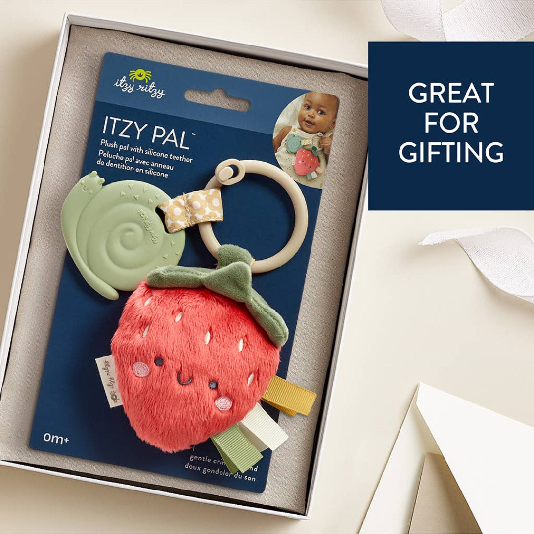 Baby teether with a plush strawberry attached and a silicone snail