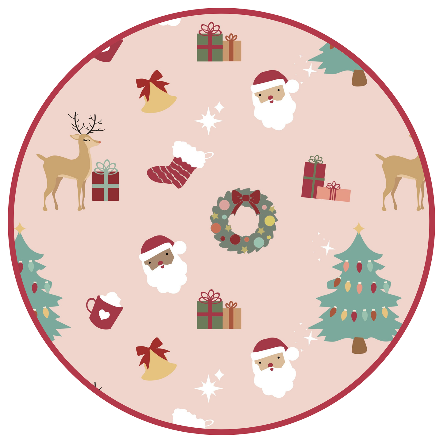 Round Christmas-themed rug with Santa Claus, reindeer, and trees on a pink background