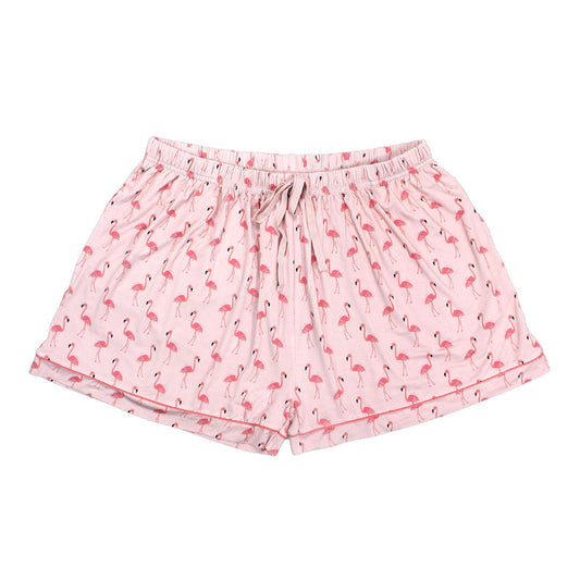 the "fancy flamingos" women's shorts. the "fancy flamingos" print is a pattern of multiple pink flamingoes scattered around the print.