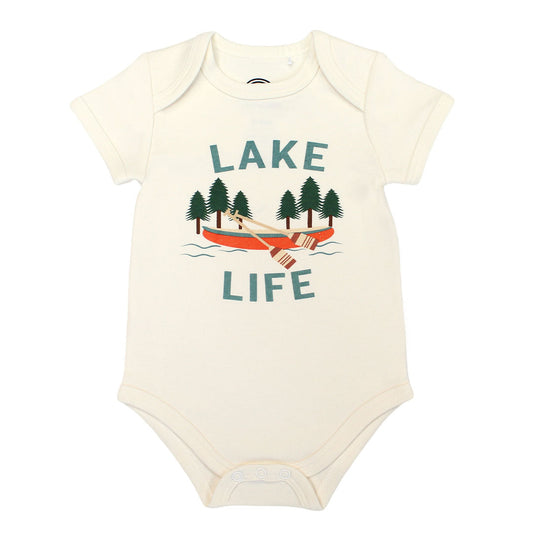 the "lake life" cotton onesie. this design says the phrase "lake life" and has a canoe, ores, oak trees, and some lake waves.
