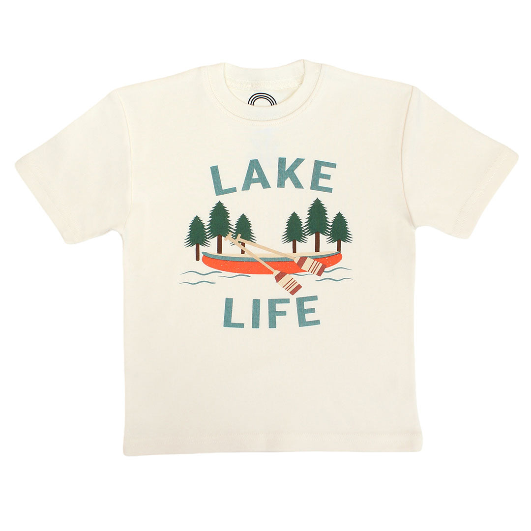 the "lake life" cotton tee. this design says the phrase "lake life" and has a canoe, ores, oak trees, and some lake waves.