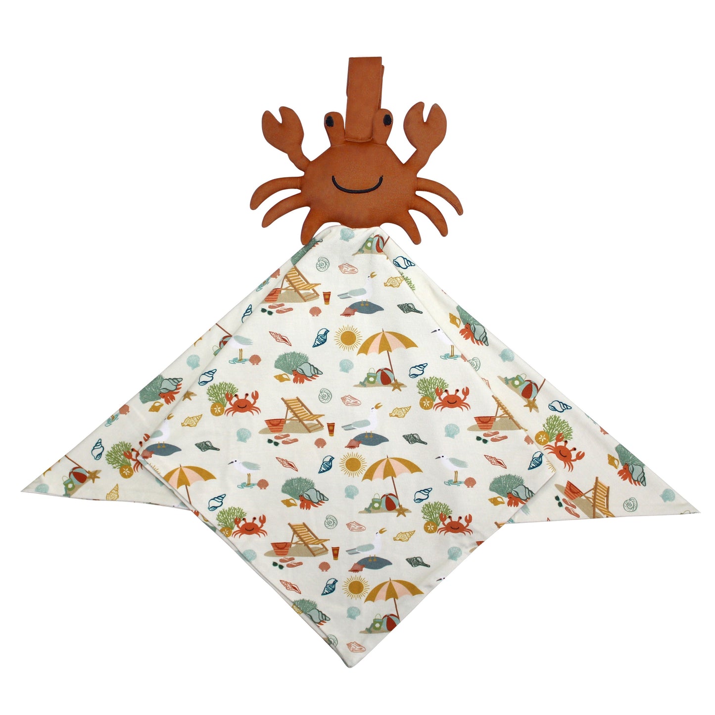 the "beach days" lovey. the blanket part of it is in the print "beach days." there is a crab on the top. the "beach days" print is a scattered print of beach umbrellas, beach balls, sand buckets and shovels, coral, shells, beach chairs, seagulls, flipflops, and sunglass mixed in a orderly and creative way.